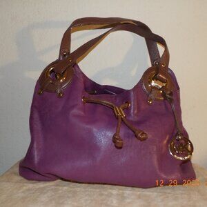Michael Kors Large Purple Leather with Brown Trim Drawstring Bag